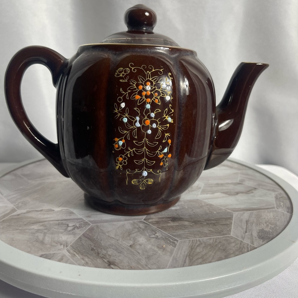 Vintage Hand-Painted Brown Ceramic Teapot from Japan – Floral Motif, 6.5”
